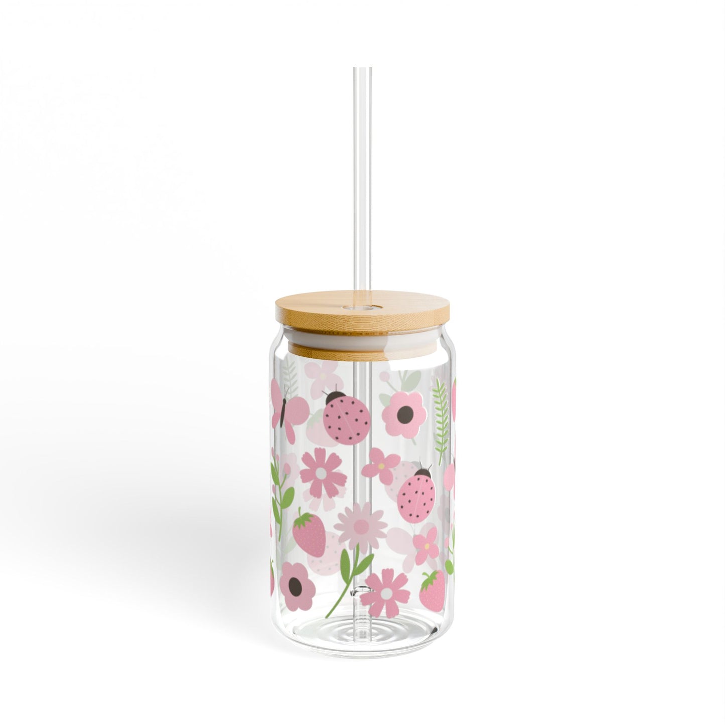 🍓🌸 Strawberry Ladybug Sipper Glass – 16oz Sweet Garden Charm in Every Sip 💕🌿