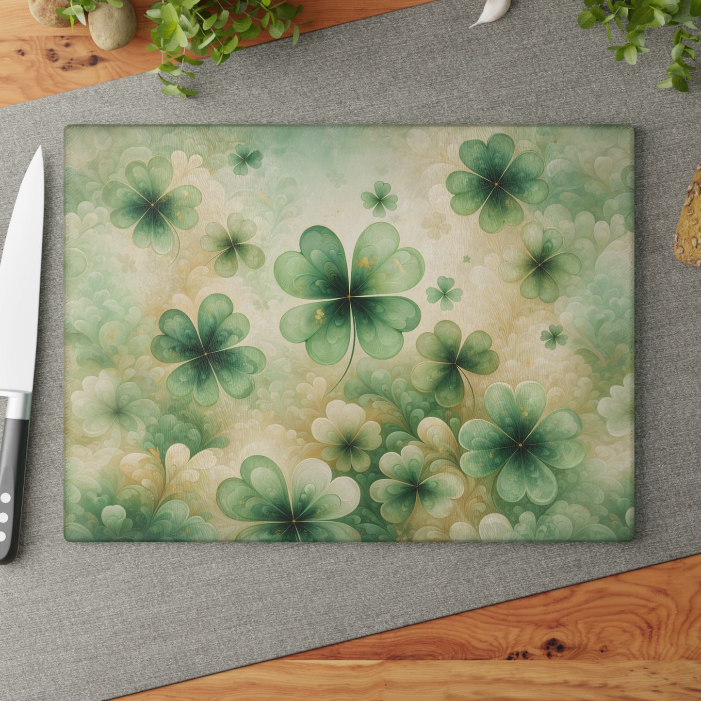 Abstract Shamrock Pattern Glass Cutting Board – St. Patrick’s Day Green Clover Kitchen Art