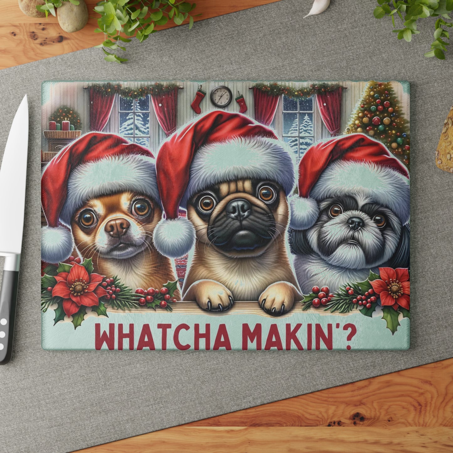 🐶🎄 “Whatcha Makin’?” Holiday Dogs Glass Cutting Board – Cozy Charm for Your Kitchen