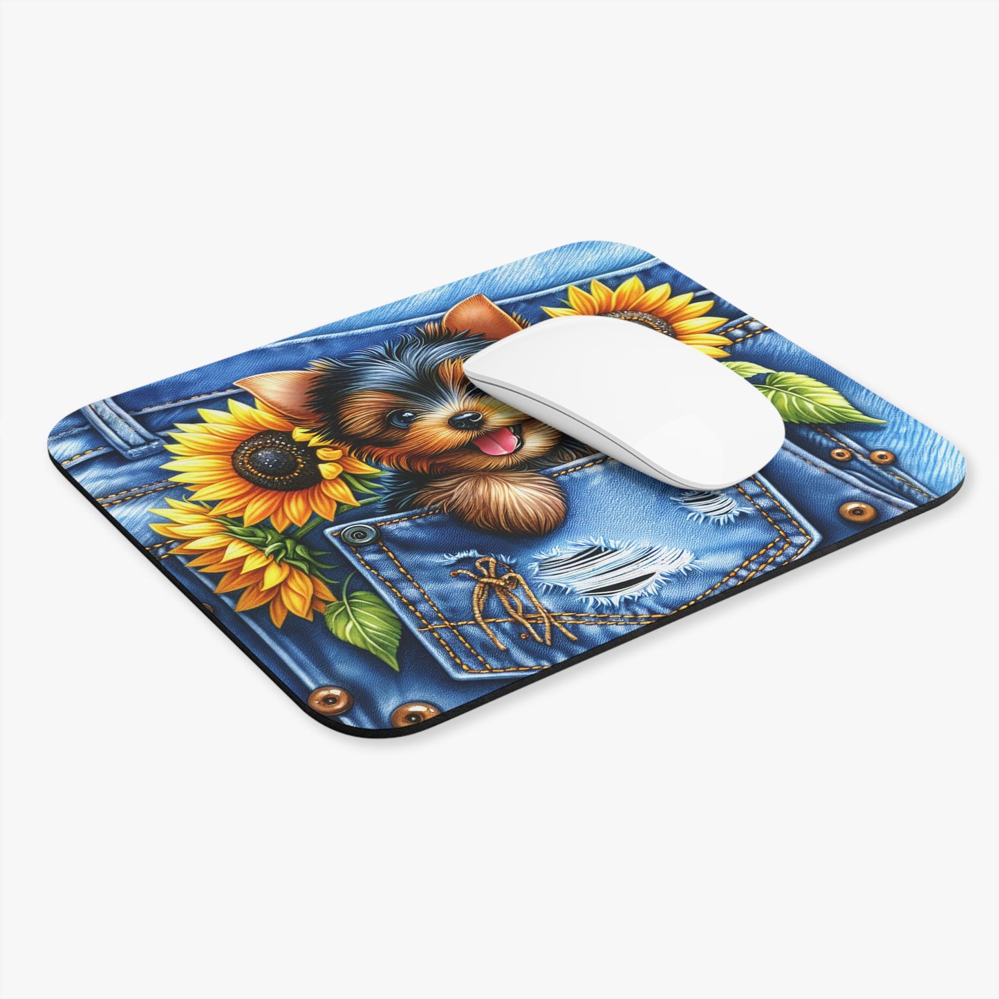 🖱️🐶🌻 Yorkie in Denim Pocket Mouse Pad – Cute Yorkshire Terrier with Sunflowers