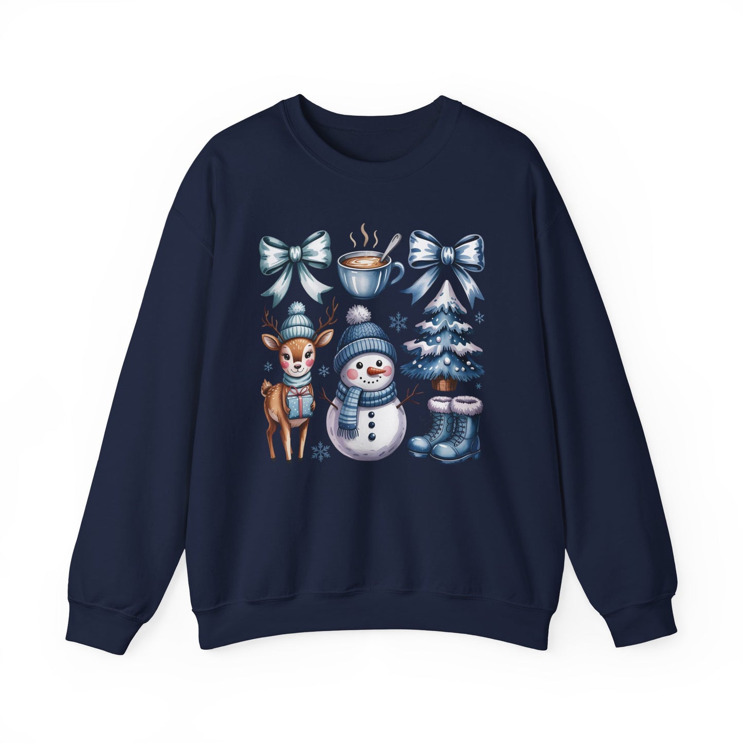 ❄️💙 Cozy Winter Vibes Crewneck – Reindeer, Snowman, Cocoa & Bows