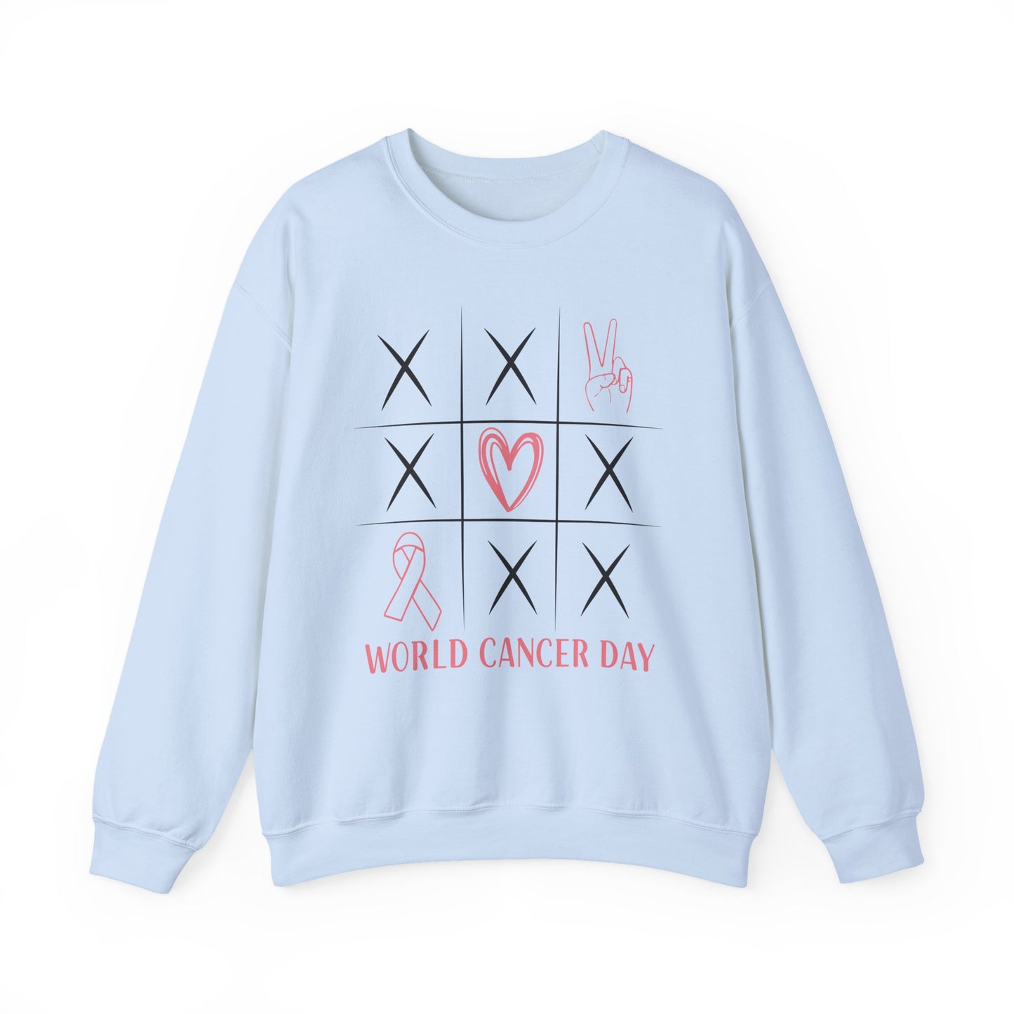 🌍🎗️ World Cancer Day Sweatshirt – Awareness Tic-Tac-Toe Heart & Ribbon