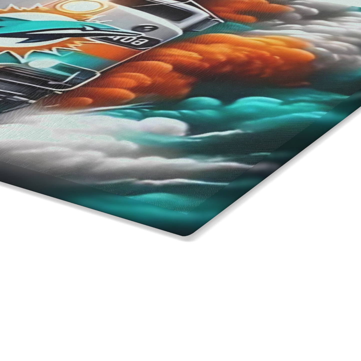 Teal & Orange Express Glass Cutting Board – Tropical Train Design for Vibrant Kitchens
