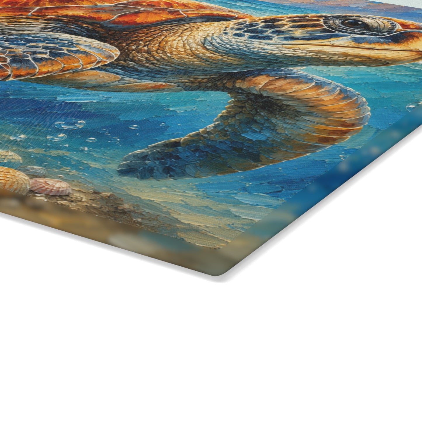 Sea Turtle Glass Cutting Board – Colorful Coastal Sea Turtle Artwork with Ocean Waves