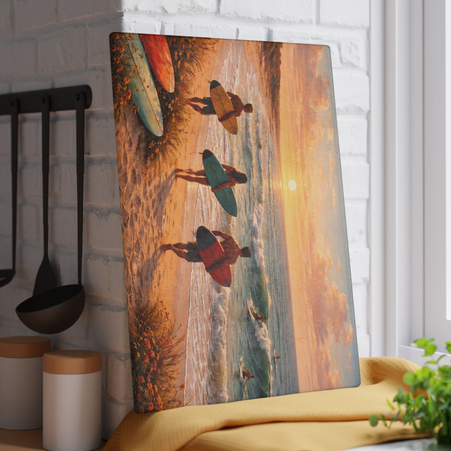 Golden Hour Surf Coast Glass Cutting Board – Coastal Sunset Ocean Kitchen Decor