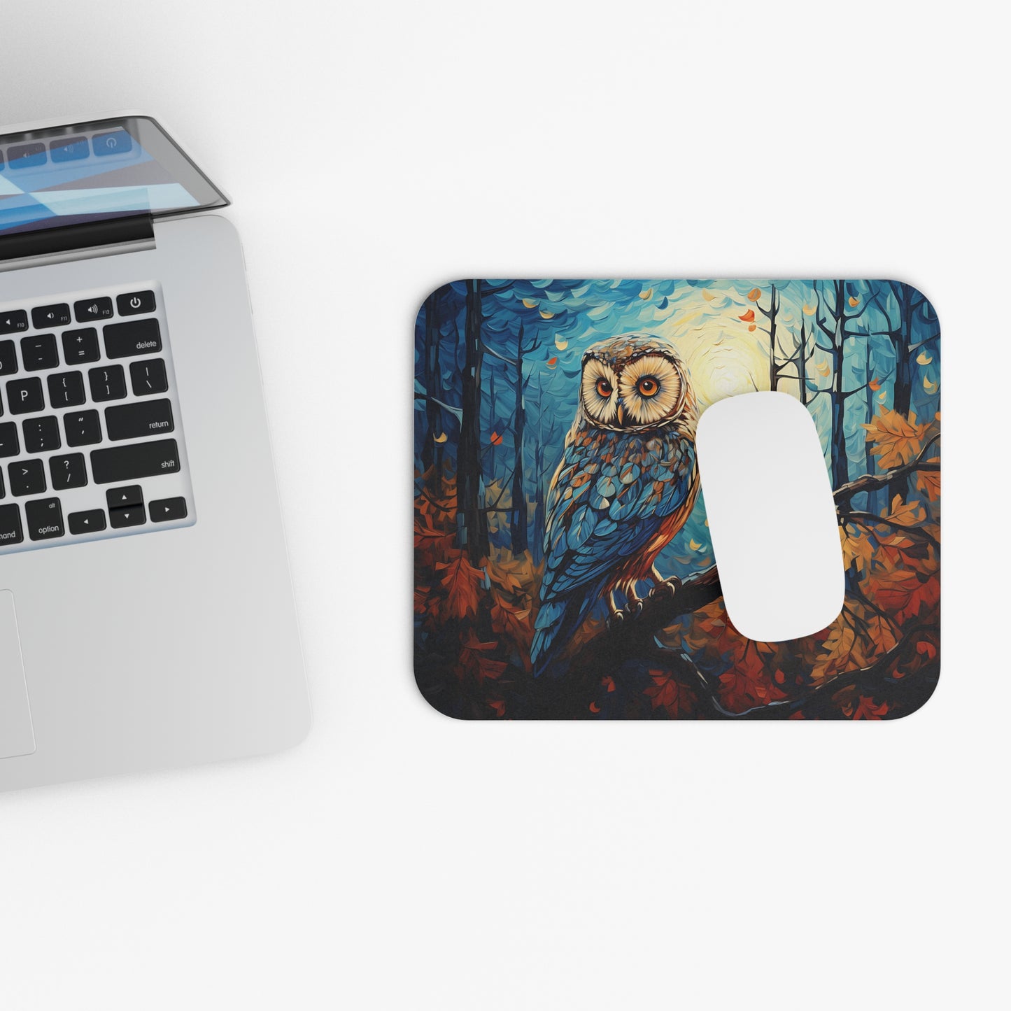 🖱️🦉🍁 Autumn Moon Owl Mouse Pad – Warm Teals, Copper Leaves & Glow