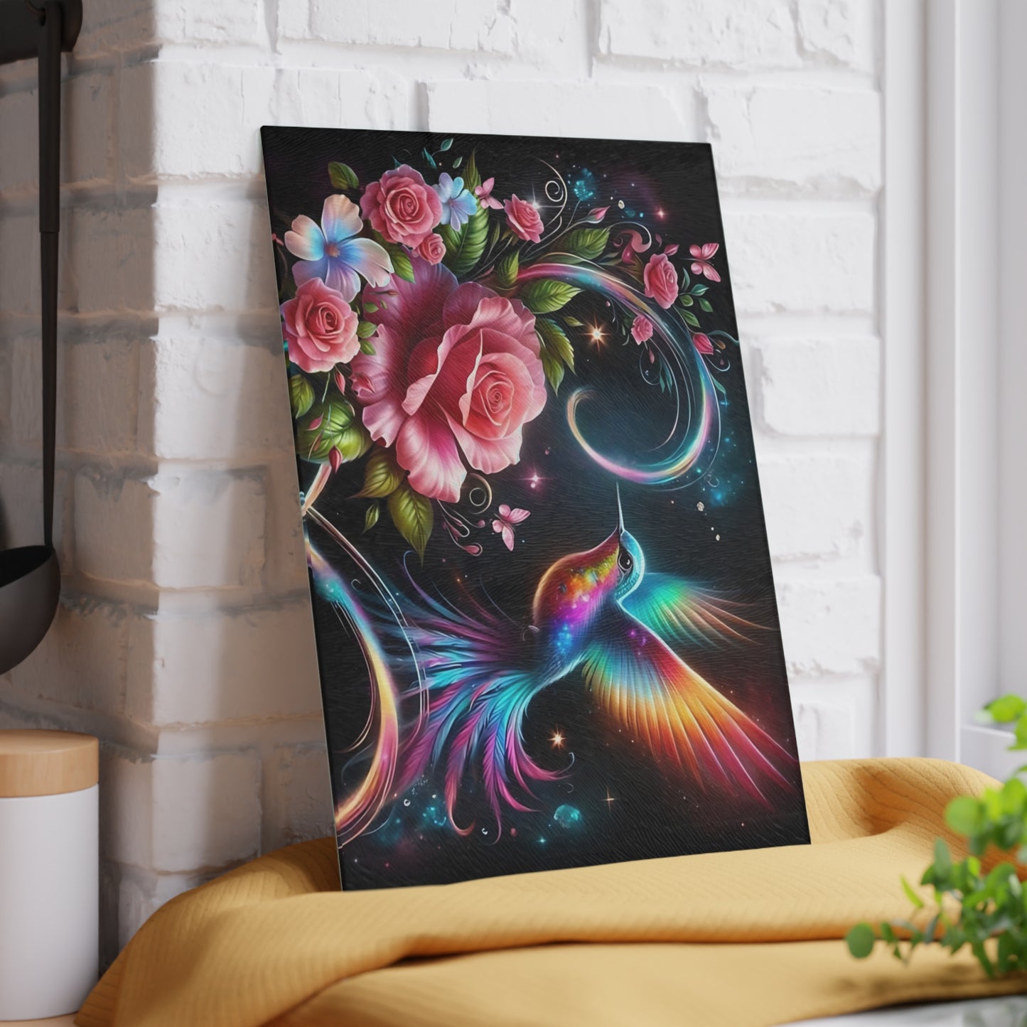 Hummingbird & Roses Tempered Glass Cutting Board – Floral Kitchen Decor, Spring Gift, Mother’s Day Present