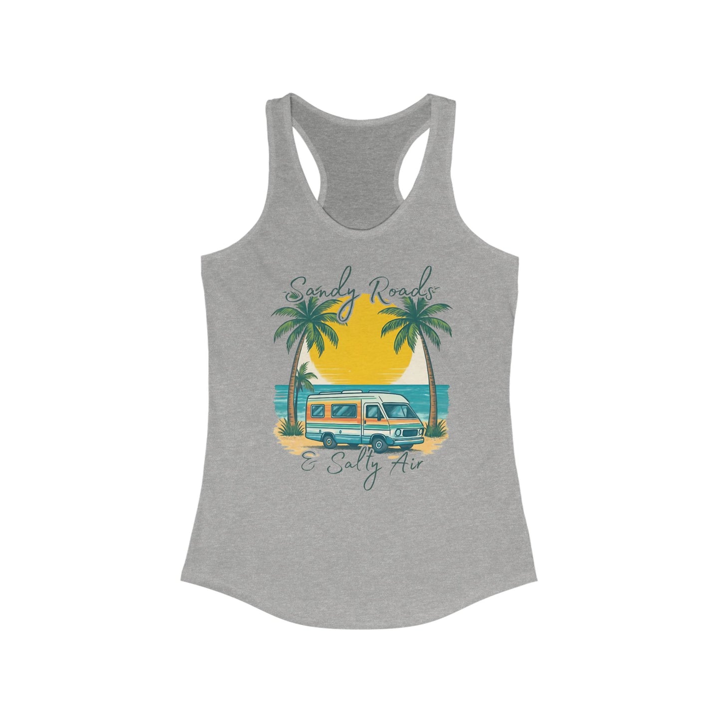 Camiseta sin mangas con espalda nadadora Sandy Roads &amp; Salty Air: camiseta playera ligera para mujer para días costeros y ambiente veraniego.