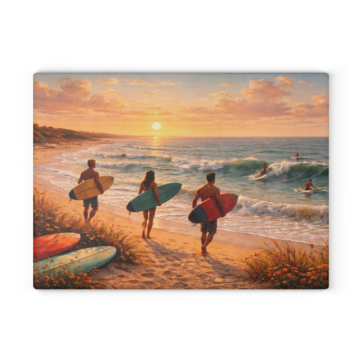 Golden Hour Surf Coast Glass Cutting Board – Coastal Sunset Ocean Kitchen Decor
