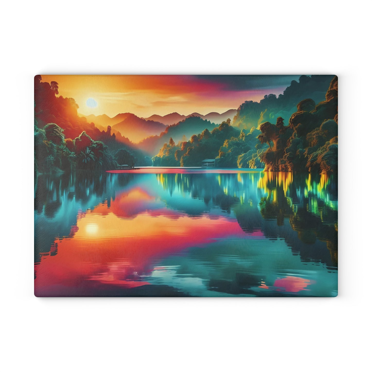 Tabla de cortar de vidrio con brillo de atardecer en la jungla: un escape tropical vibrante para tu cocina