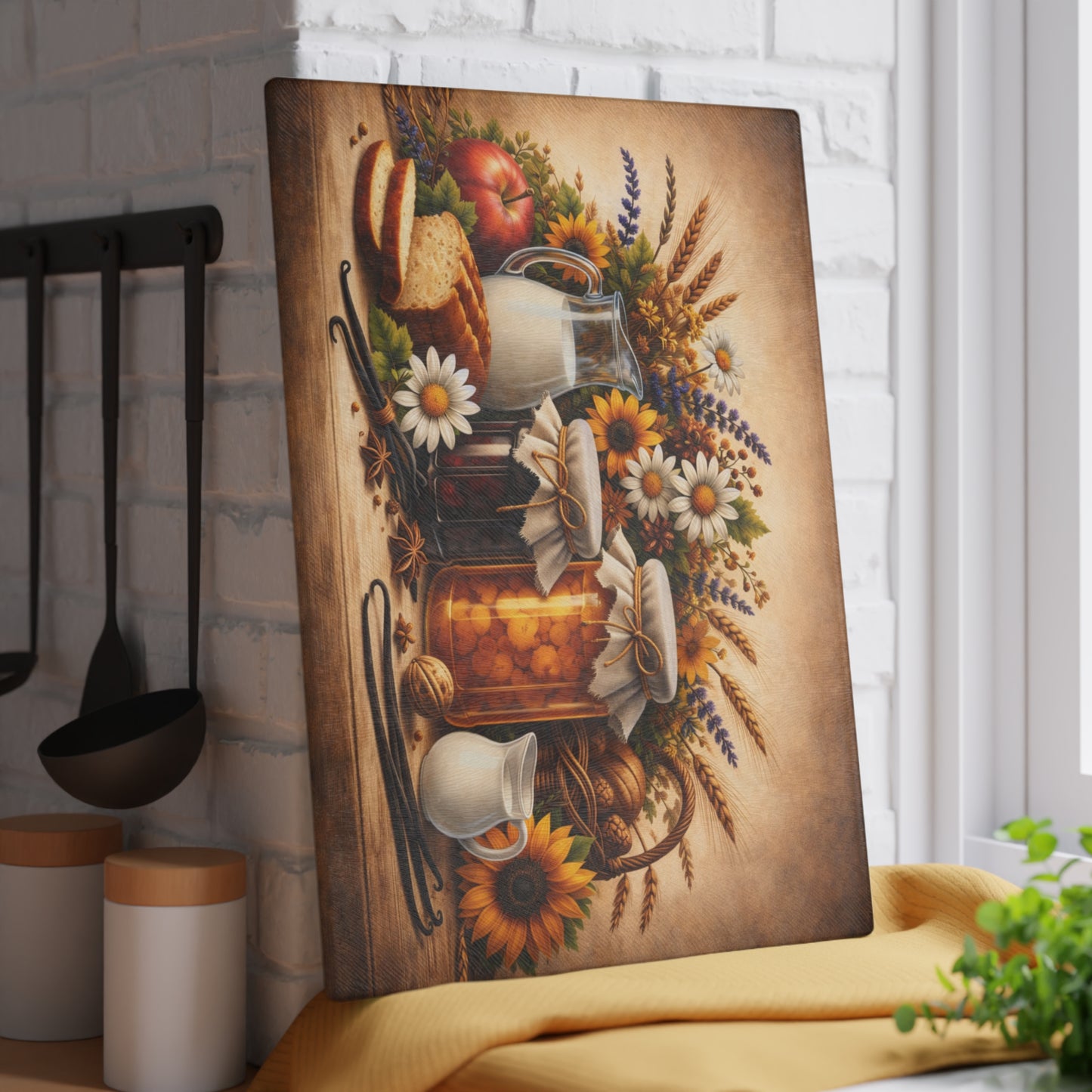 Harvest Pantry Still Life Glass Cutting Board – Rustic Farmhouse Kitchen Artwork