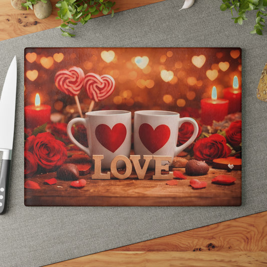 Valentine’s Love Mugs Glass Cutting Board – Romantic Heart Candle Kitchen Accent