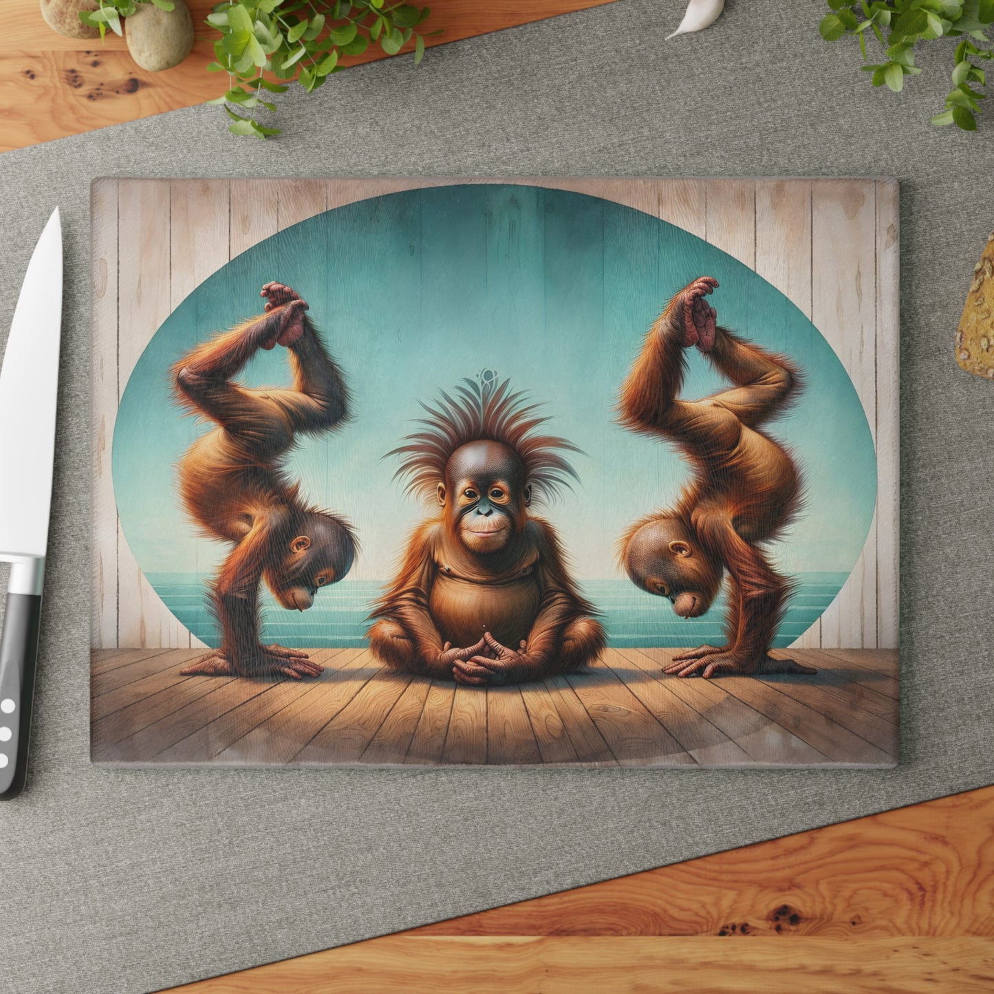 Playful Orangutan Yoga Glass Cutting Board – Whimsical Animal Art Kitchen Display
