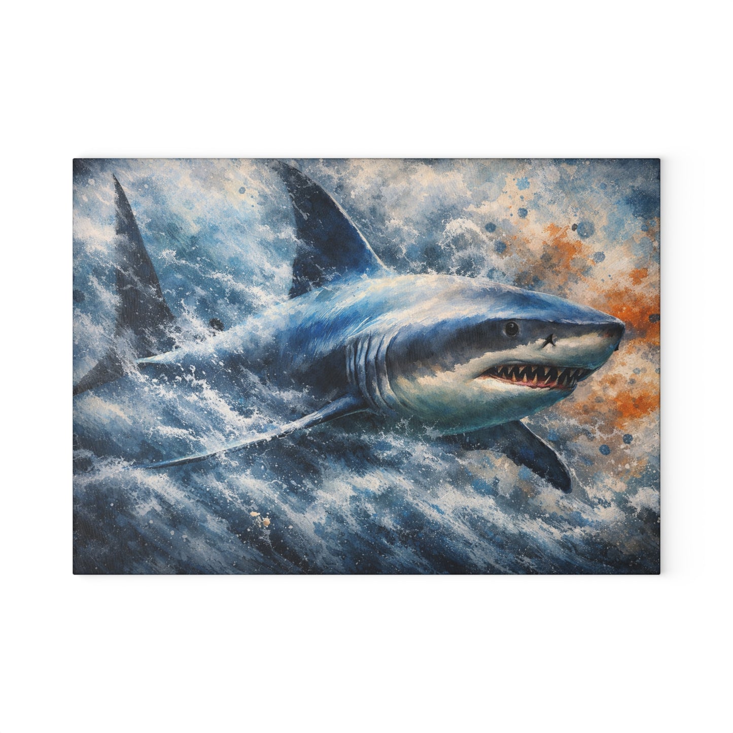 Power of the Tide Glass Cutting Board – Dynamic Great White Shark Artwork