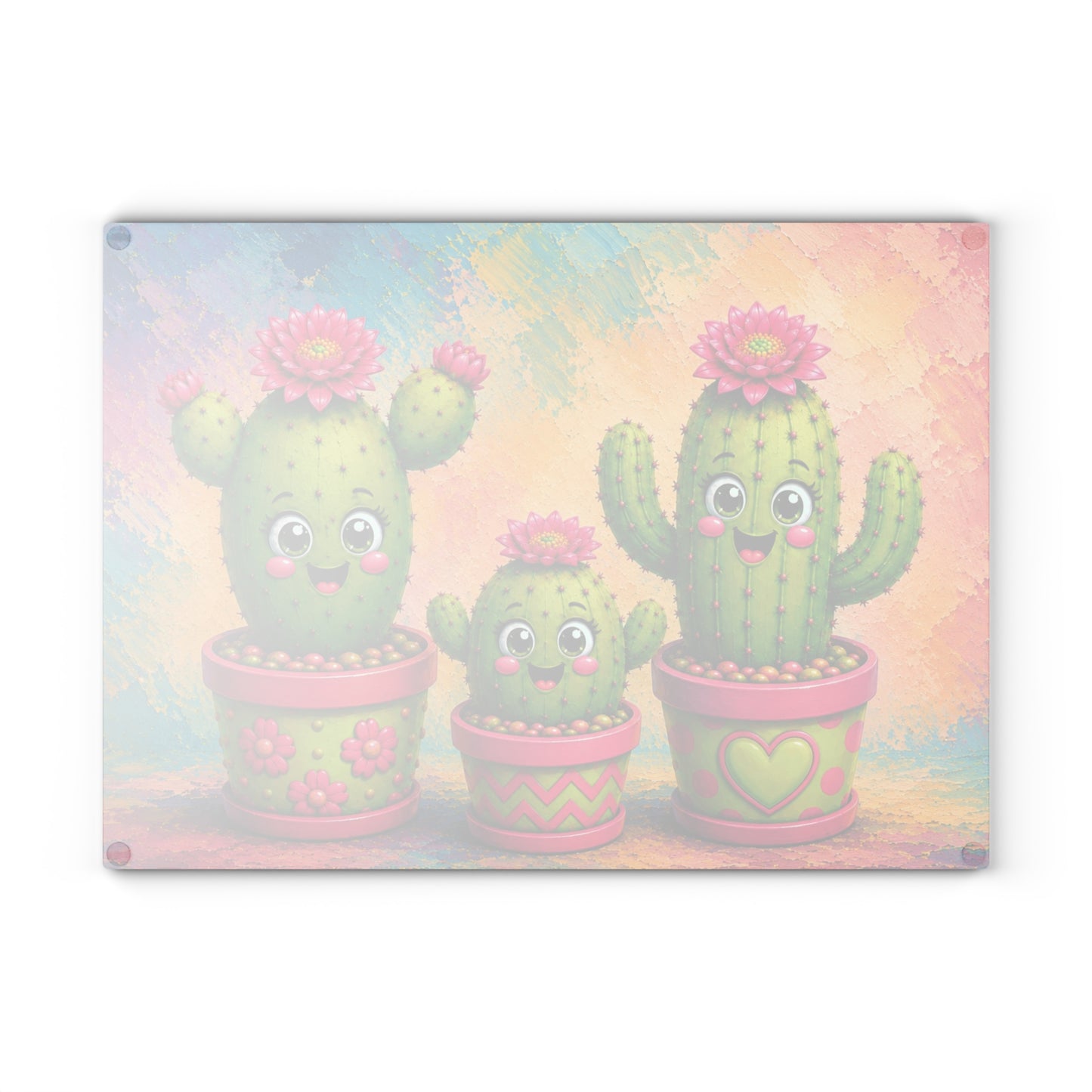 Smiling Cactus Family Glass Cutting Board – Cute Whimsical Desert Plant Artwork with Colorful Flower Pots