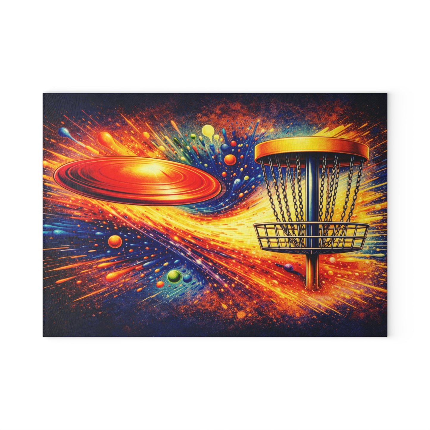 Disc Golf Power Shot Glass Cutting Board – Bold Color Splash Sports Artwork