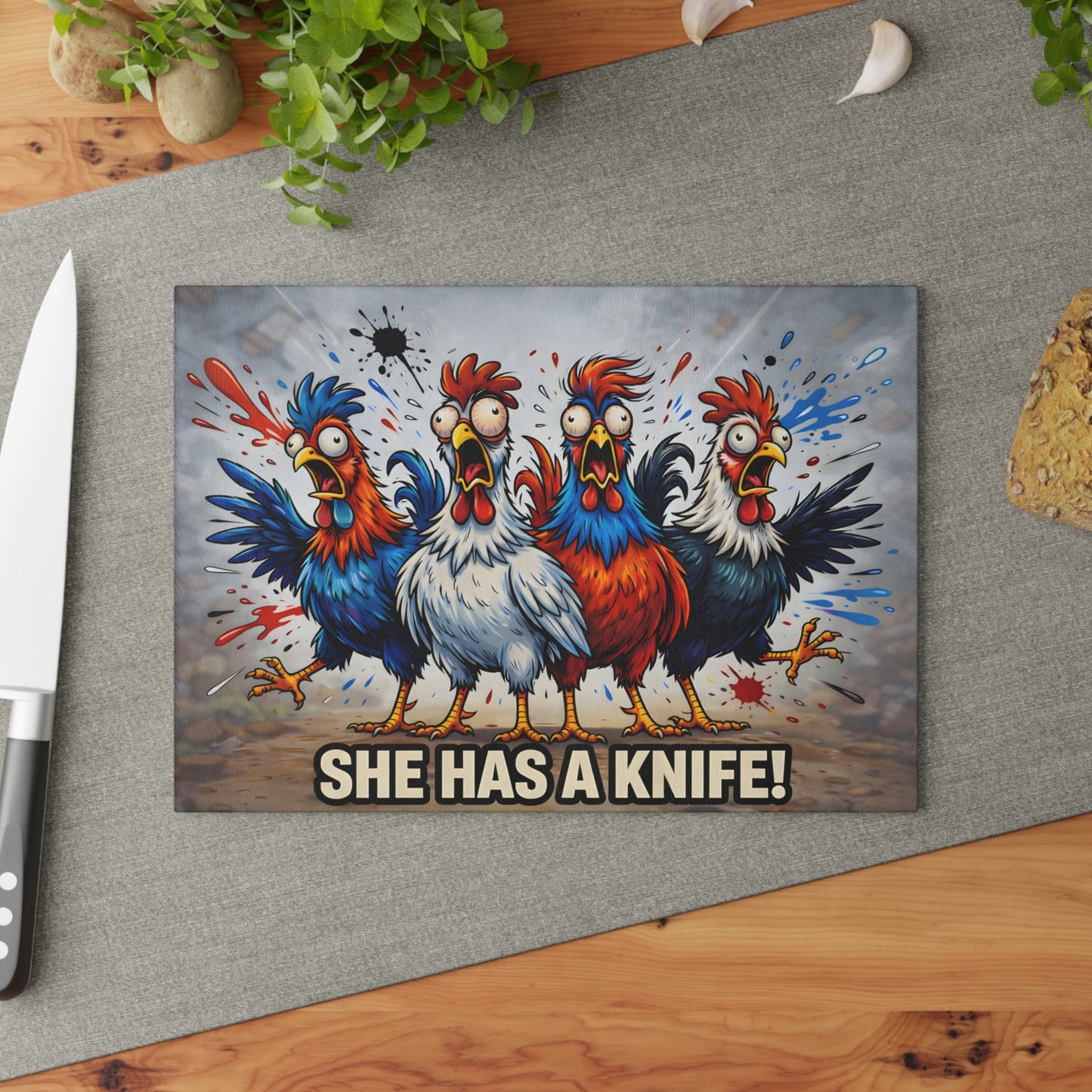 She Has a Knife! Glass Cutting Board – Bold Funny Chicken Kitchen Art