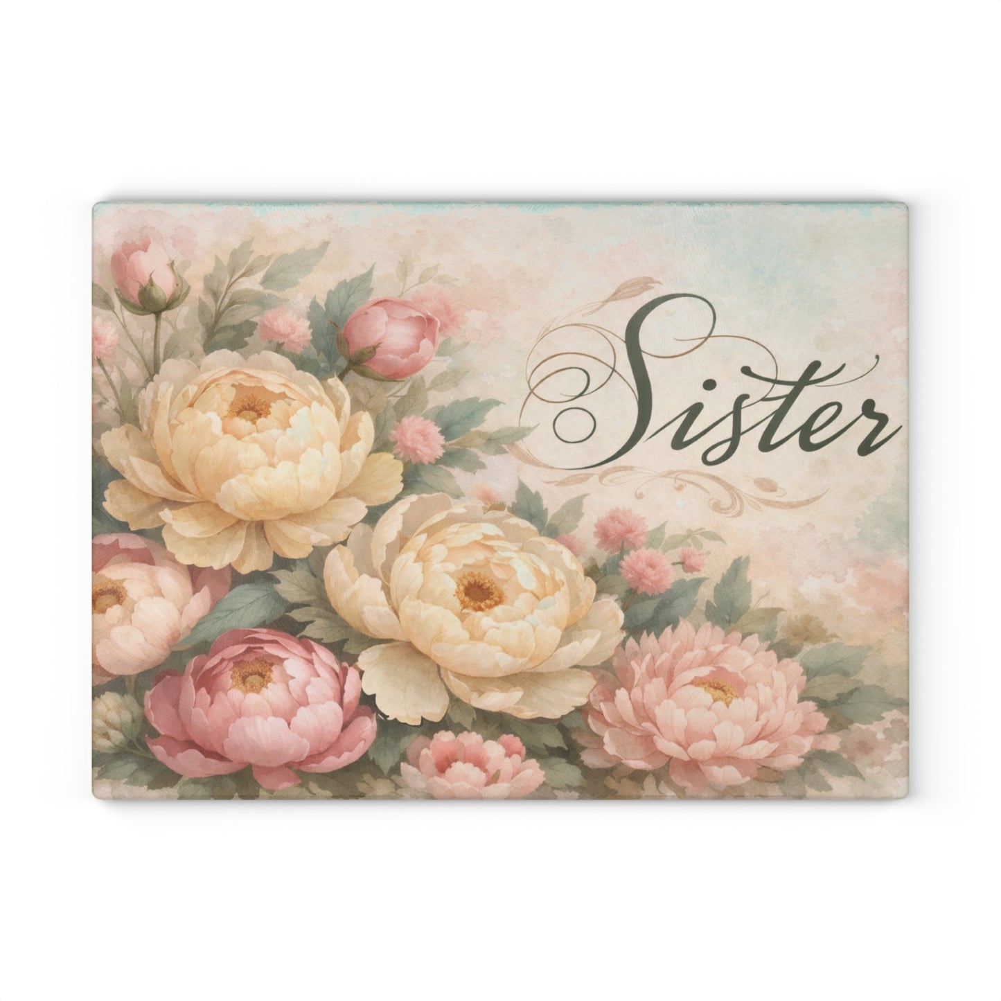 Sister Floral Glass Cutting Board – Elegant Kitchen Gift for Her