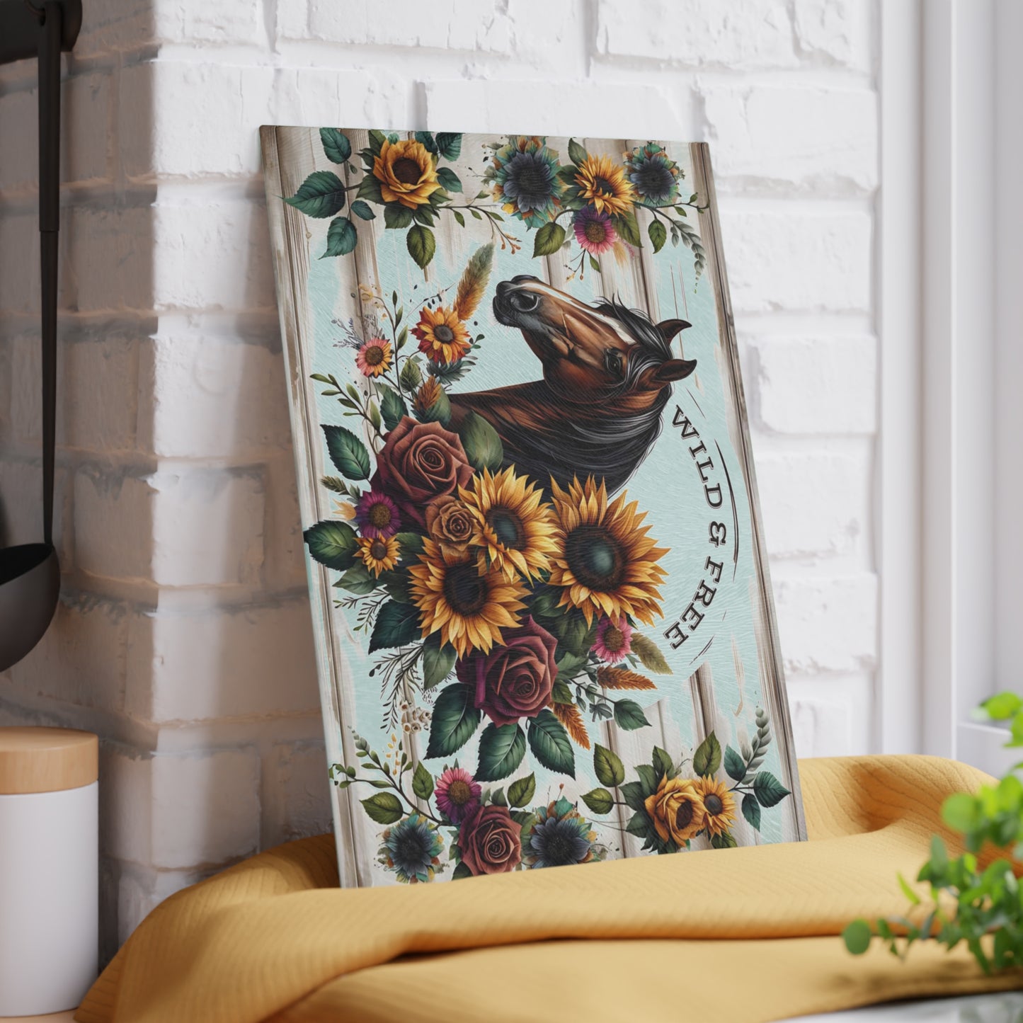 🌻🐎 Wild & Free Horse Cutting Board – Rustic Farmhouse Charm with Sunflowers & Roses 🌹🌾