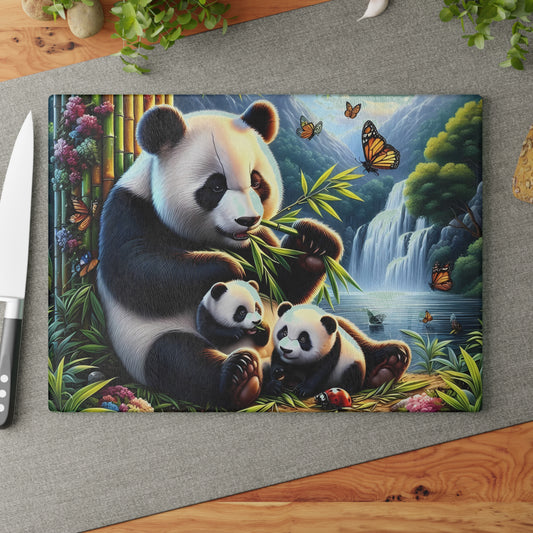 Tabla de cortar con cascada y familia de pandas: una escena natural y caprichosa para tu cocina