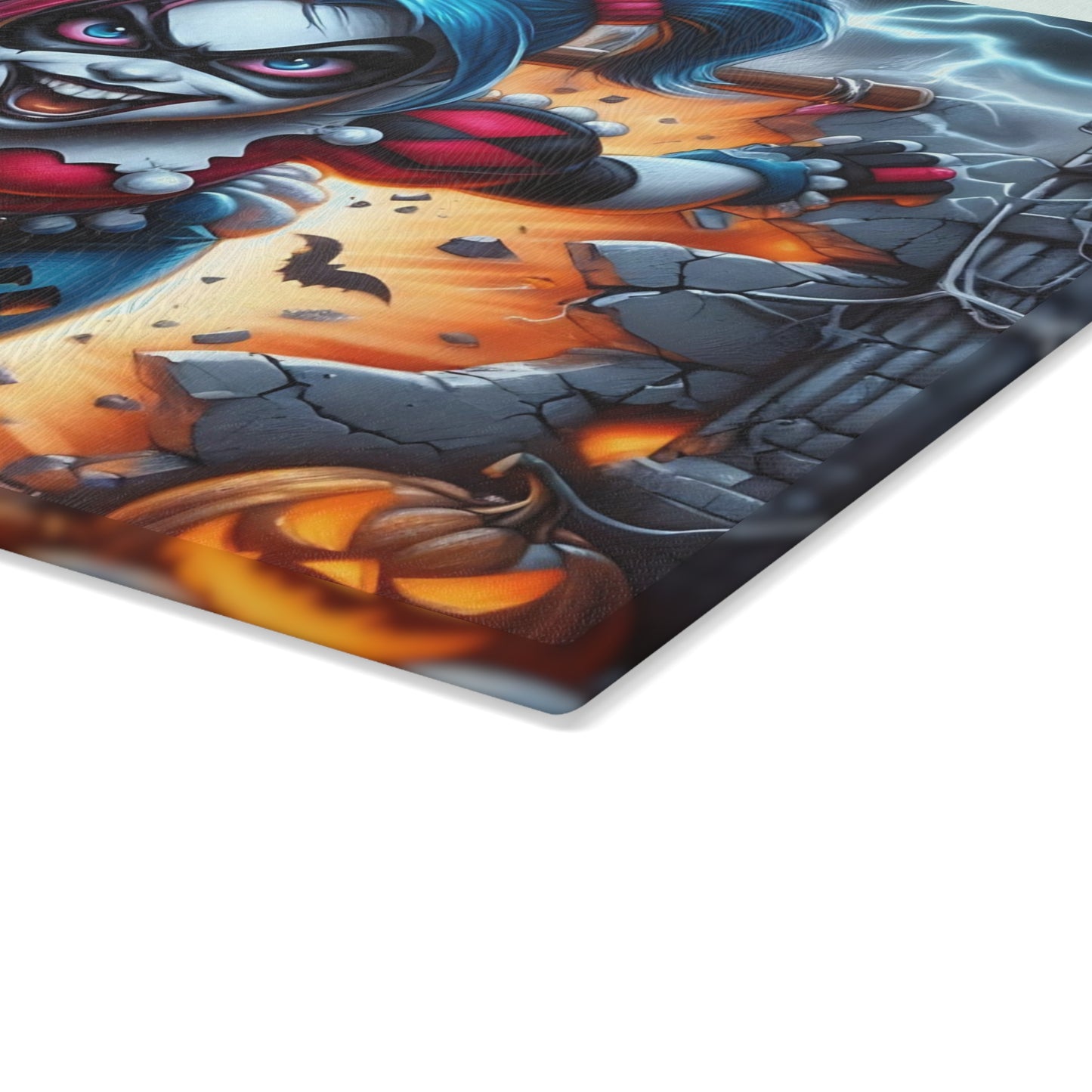 🎃 Mad Clown Girl Cutting Board – Explosive Halloween Chaos with Lightning, Jack-O'-Lanterns & Mischief 💥🃏