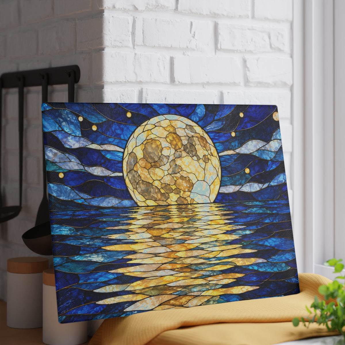 Full Moon Over Water Stained-Glass-Look Glass Cutting Board – Blue Moonlight Kitchen Decor