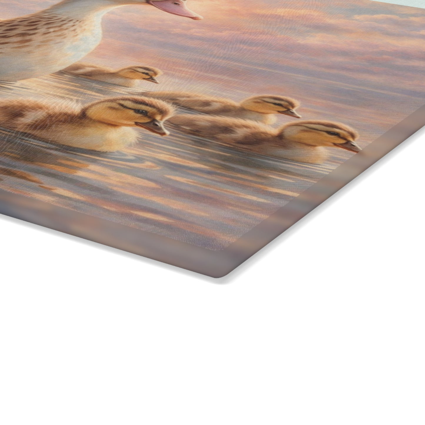 Duck Family Sunset Lake Glass Cutting Board – Peaceful Wildlife Nature Kitchen Art
