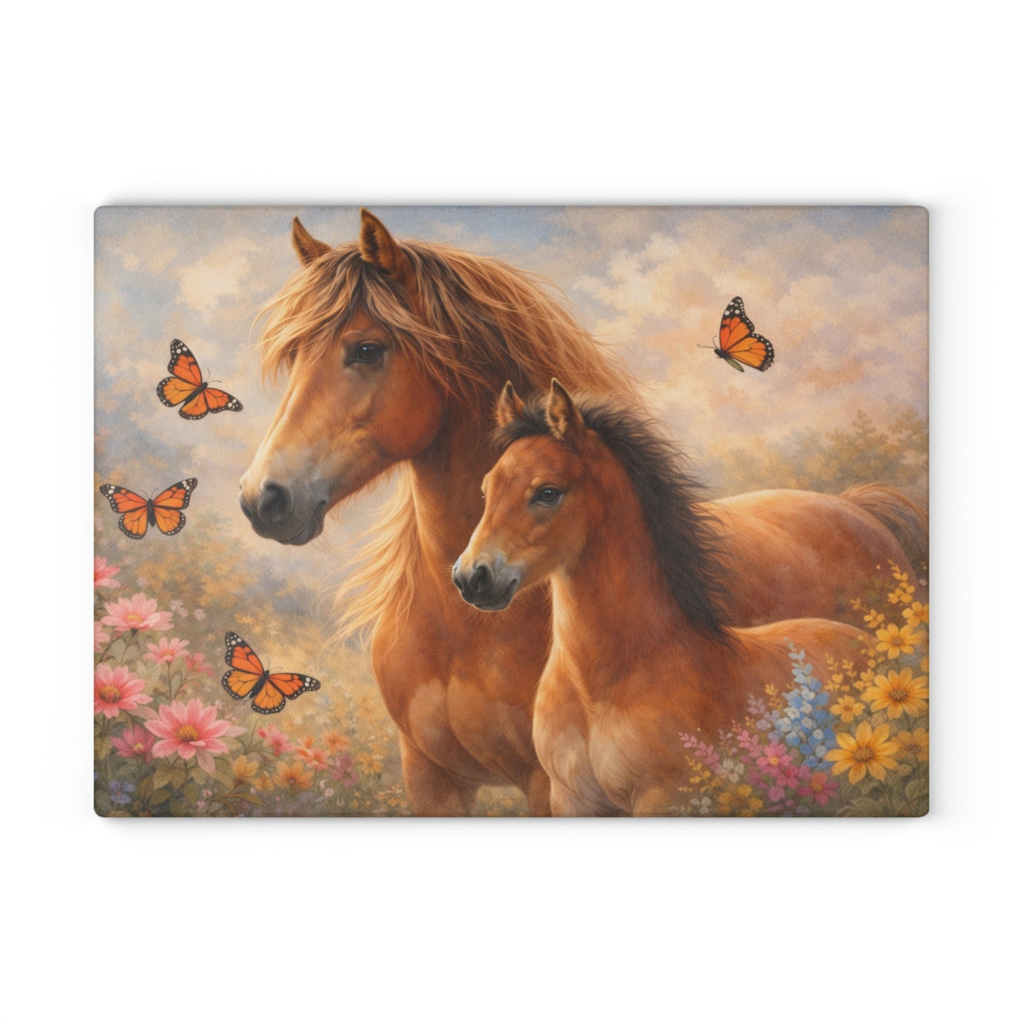 Mother and Foal Floral Glass Cutting Board – Rustic Country Kitchen Decor