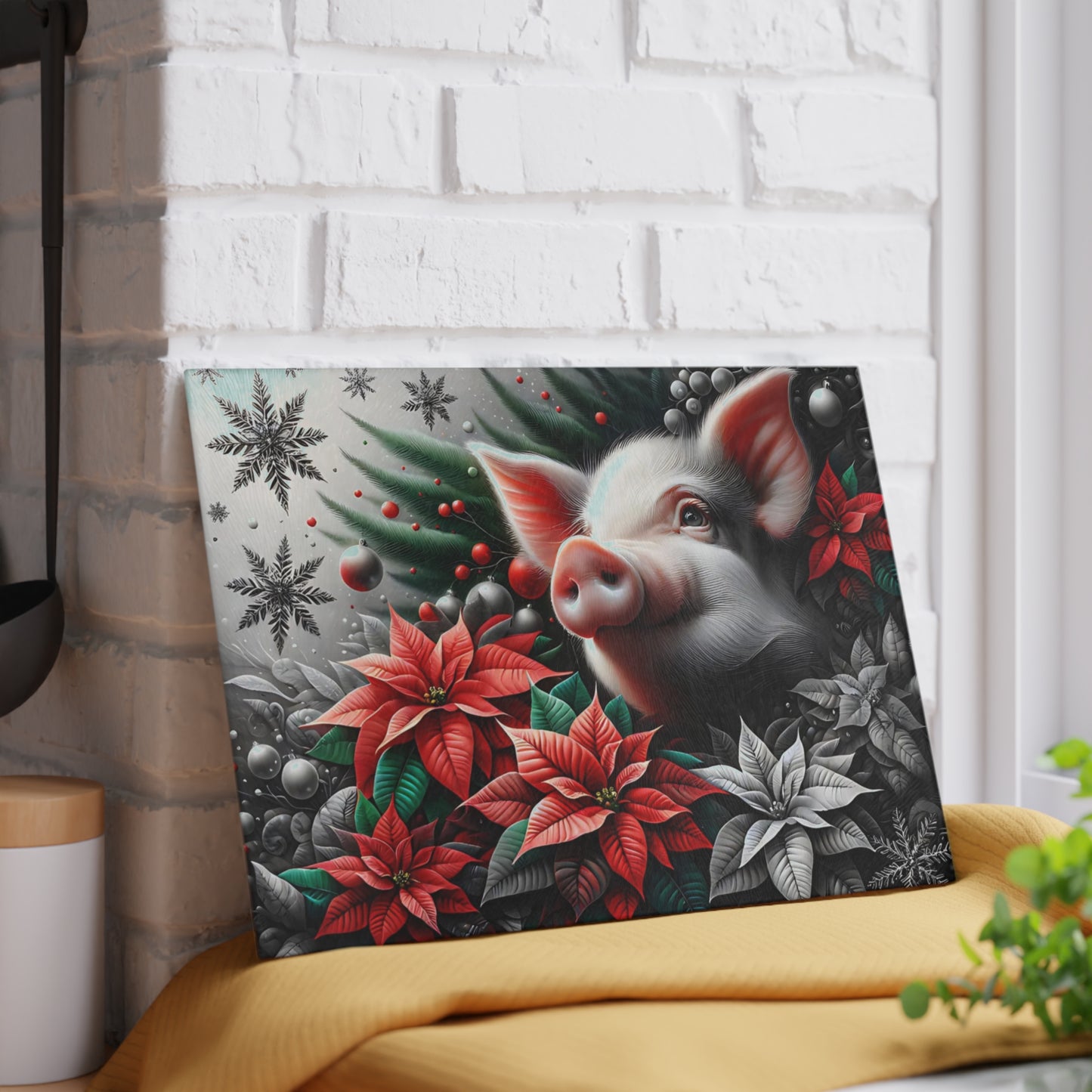 🐷✨ “Holiday Poinsettia Pig” Glass Cutting Board – Festive Farmhouse Cheer for Your Kitchen