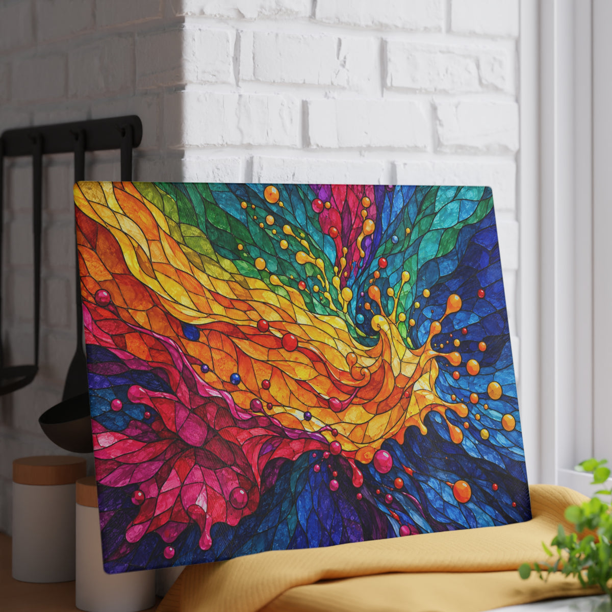 Rainbow Swirl Stained-Glass-Look Glass Cutting Board – Colorful Abstract Kitchen Decor