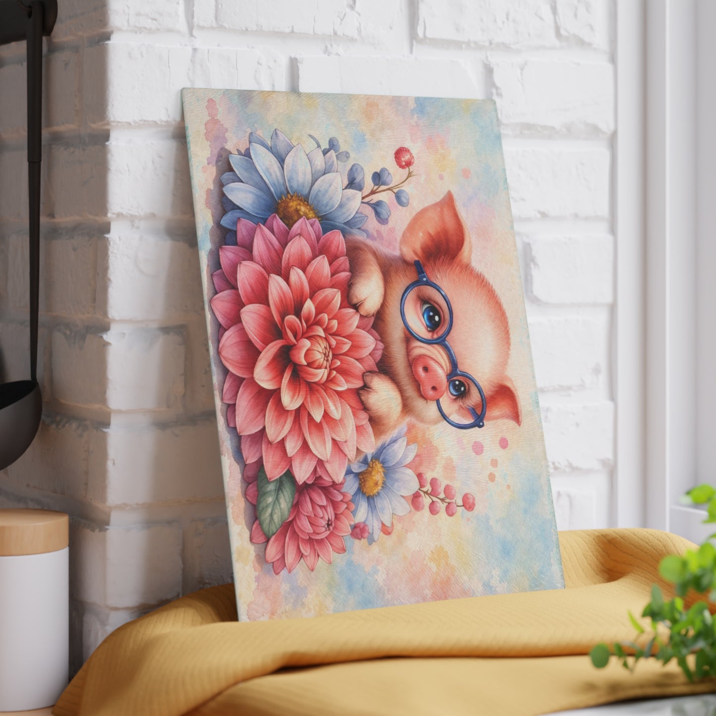 Smart Piglet with Flowers Glass Cutting Board – Farmhouse Kitchen Decor