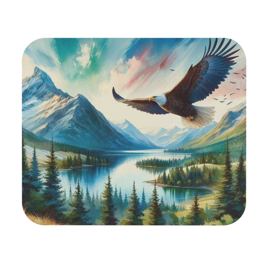 🖱️🦅 Bald Eagle Over Mountain Lake Mouse Pad – Wild Freedom Desk Art