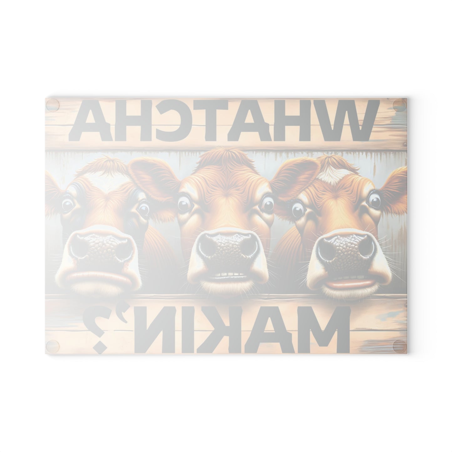 🐮🤠 “Whatcha Makin’?” Glass Cutting Board – Cozy Charm for Your Kitchen