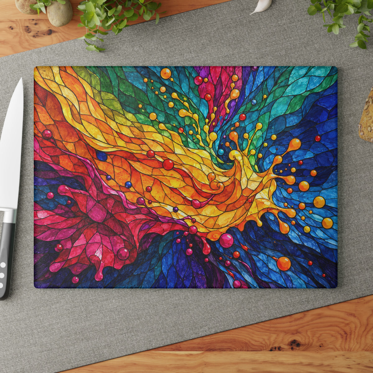 Rainbow Swirl Stained-Glass-Look Glass Cutting Board – Colorful Abstract Kitchen Decor