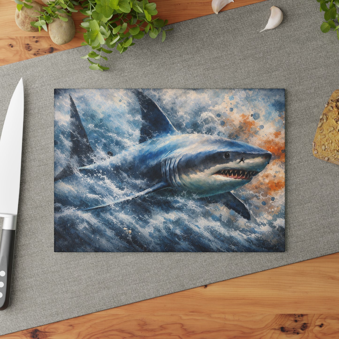 Power of the Tide Glass Cutting Board – Dynamic Great White Shark Artwork