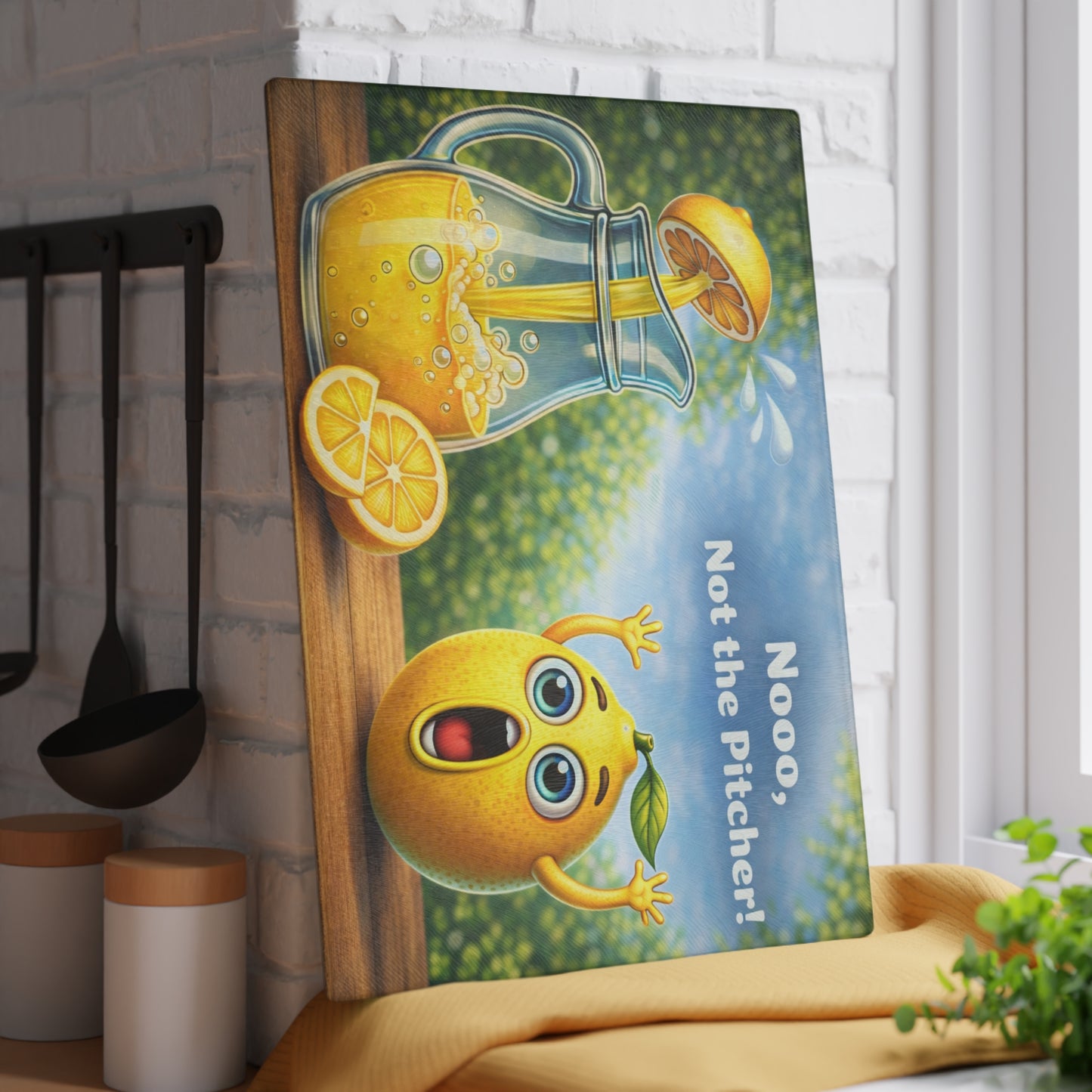 Nooo, Not the Pitcher! Glass Cutting Board – Playful Lemonade Humor Kitchen Artwork