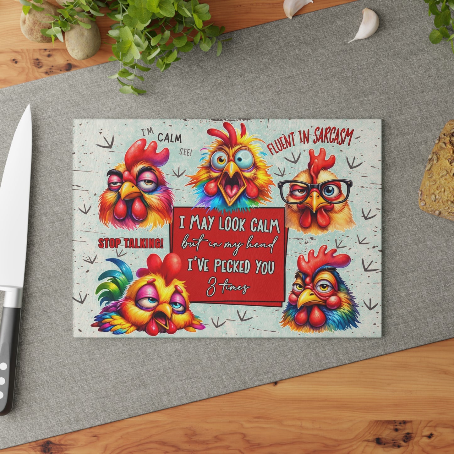 Sarcastic Chicken Glass Cutting Board – Funny Attitude Kitchen Decor Gift