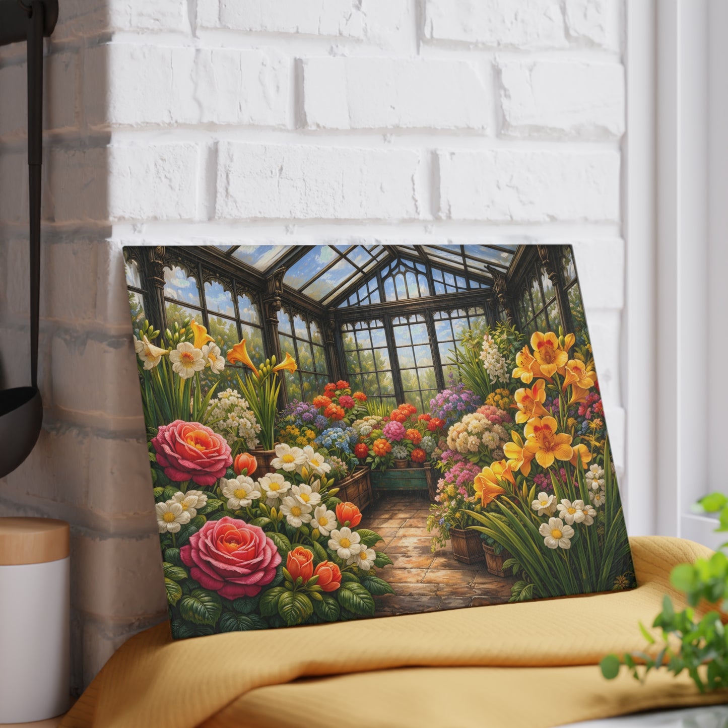 Sunlit Garden Conservatory Glass Cutting Board – Floral Greenhouse Kitchen Décor