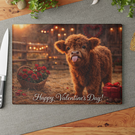 Valentine Highland Calf Glass Cutting Board – Cozy Farmhouse Love Kitchen Décor