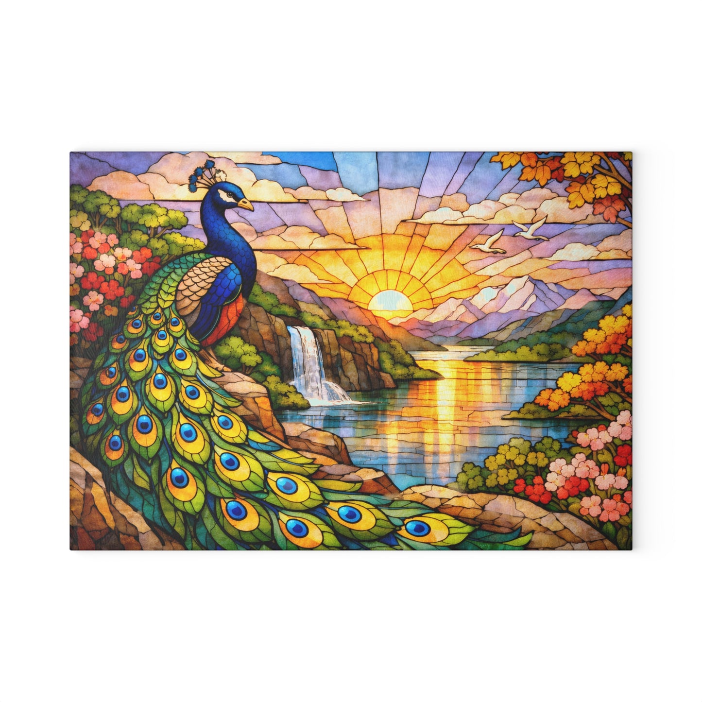 Stained Glass Style Peacock Landscape Glass Cutting Board – Colorful Nature Art Kitchen Decor