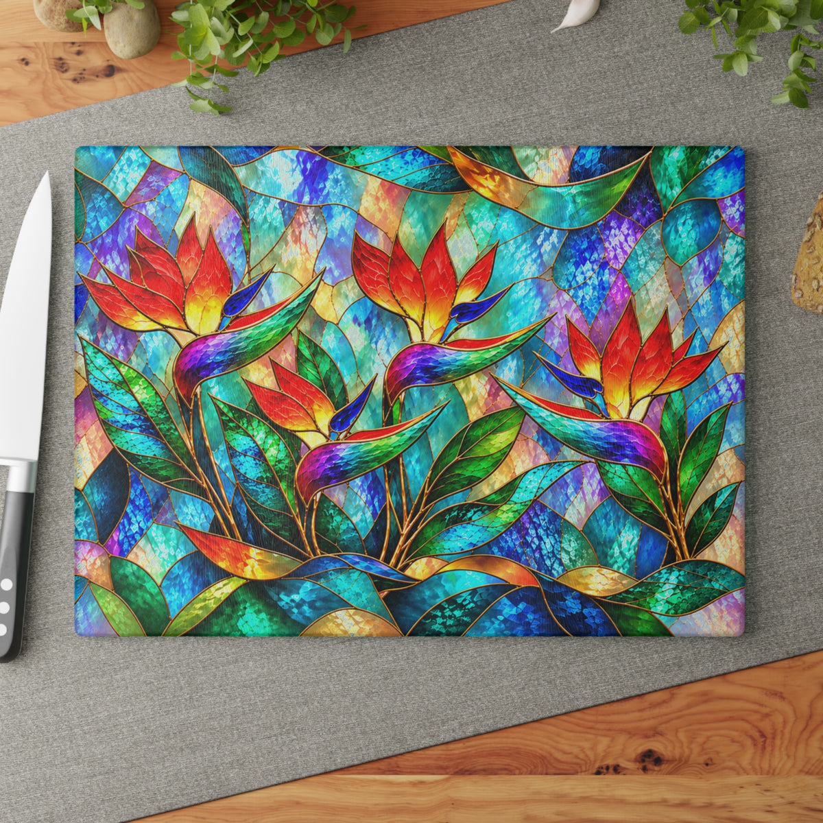 Stained-Glass-Inspired Bird of Paradise Cutting Board – Vibrant Tropical Flowers, Rainbow Foliage & Colorful Botanical Kitchen Décor