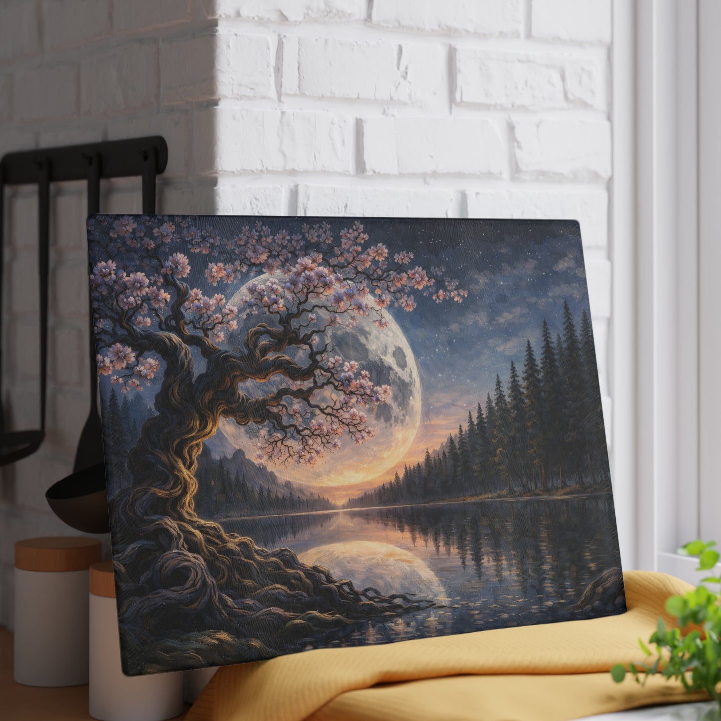 Moonlit Blossom Tree Glass Cutting Board – Dreamlike Night Landscape Art