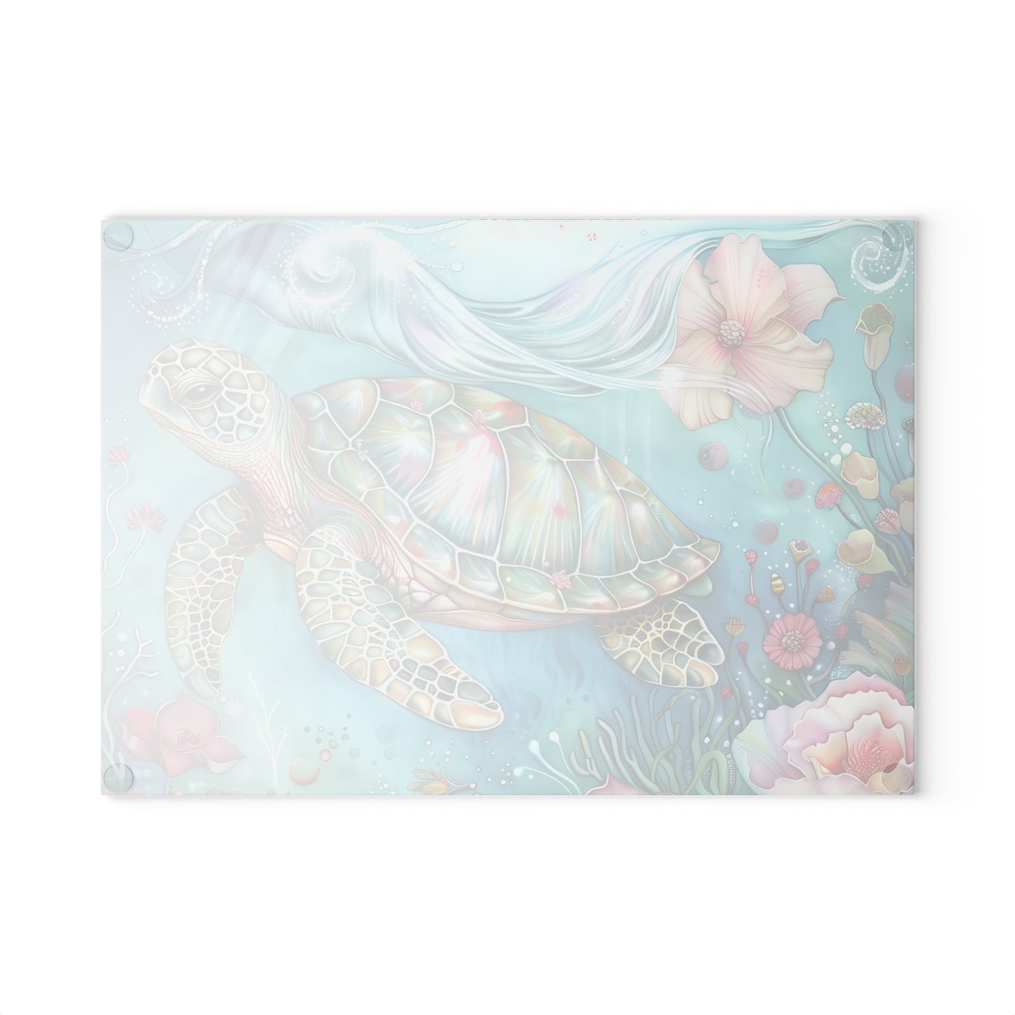 🌊🌸 Escena floral submarina de tortugas marinas coloridas – Tabla de cortar de vidrio