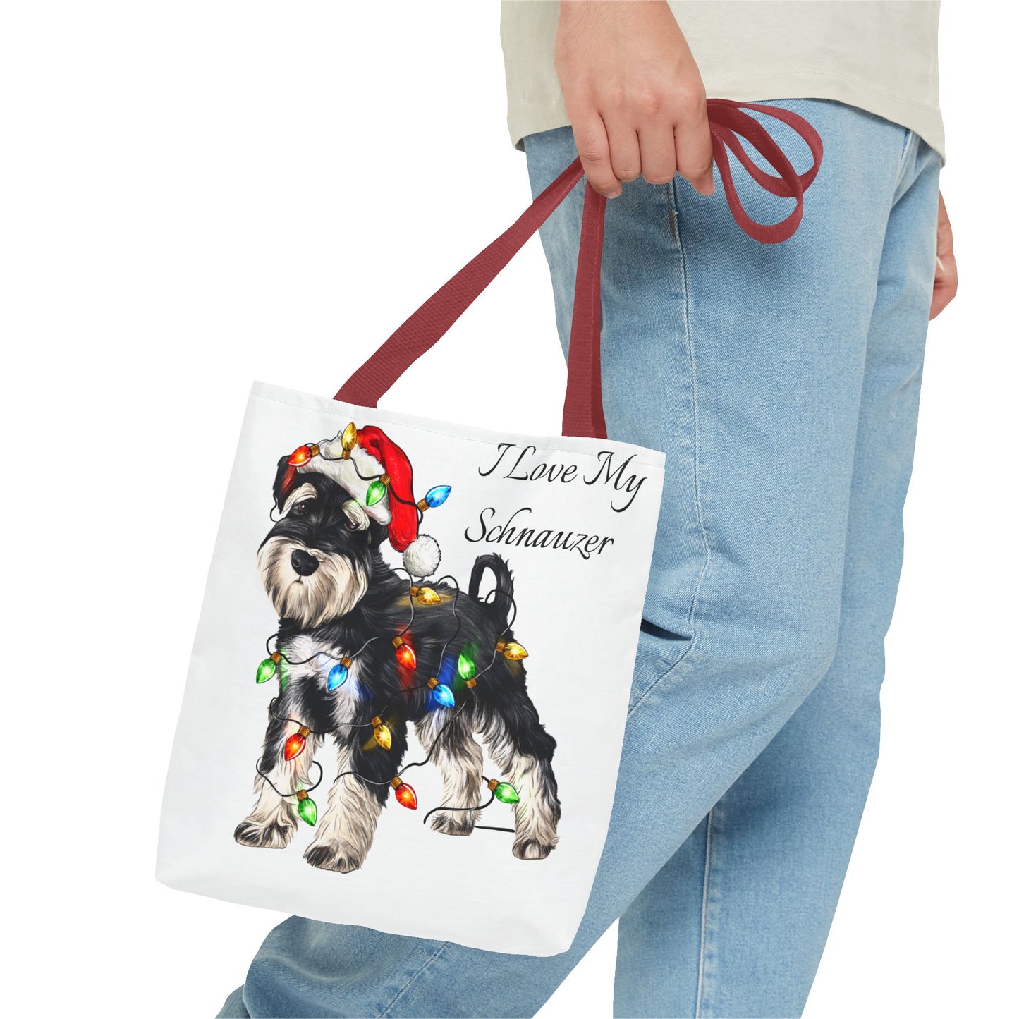 🎄 I Love My Schnauzer Tote Bag – Christmas Lights & Holiday Woofs 🐾