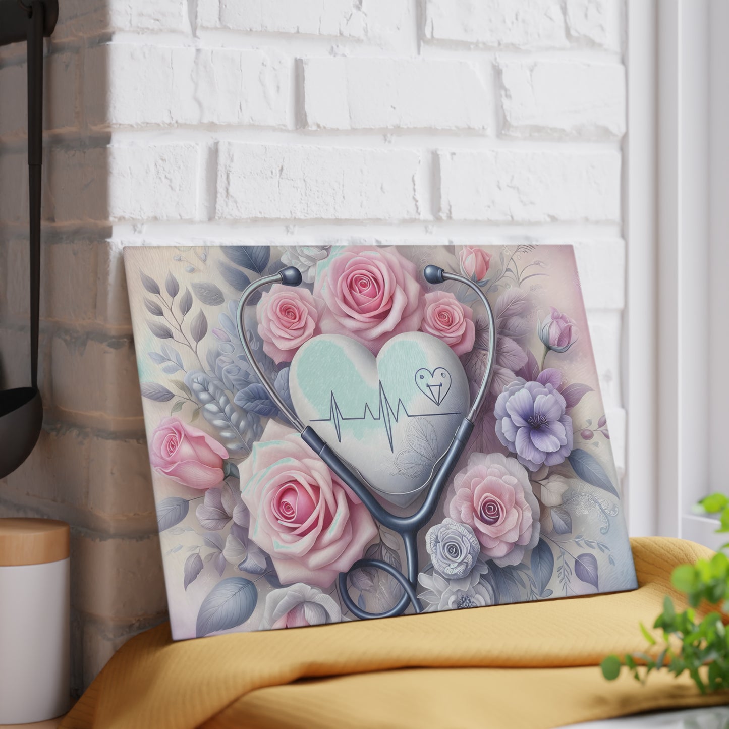 🩺 Nurse Heartbeat Floral Cutting Board – Elegant Medical-Inspired Kitchen Décor 🌸
