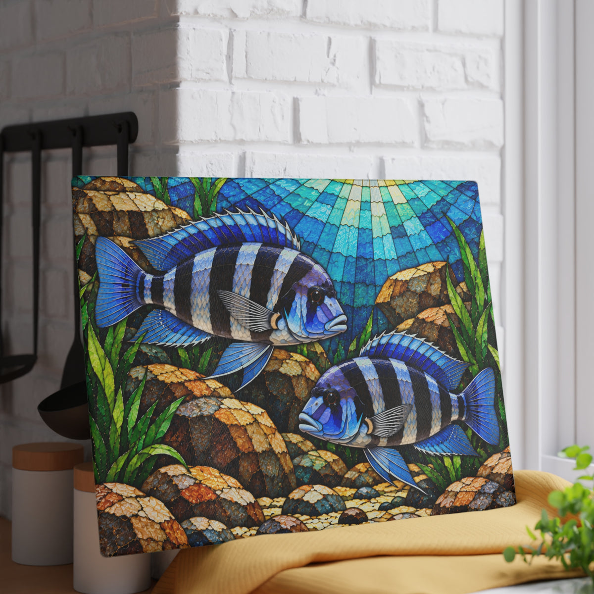 Blue Cichlids Stained-Glass-Look Glass Cutting Board – Aquarium Fish Kitchen Decor