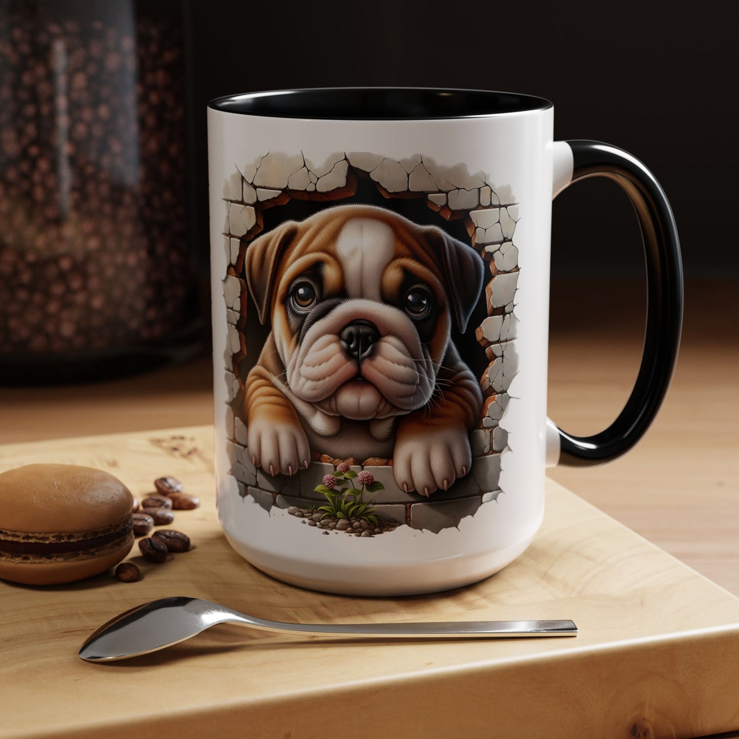 🎀🐶 English Bulldog Puppy Accent Mug – Cute Peek-Through Dog Design for Animal Lovers ☕💖