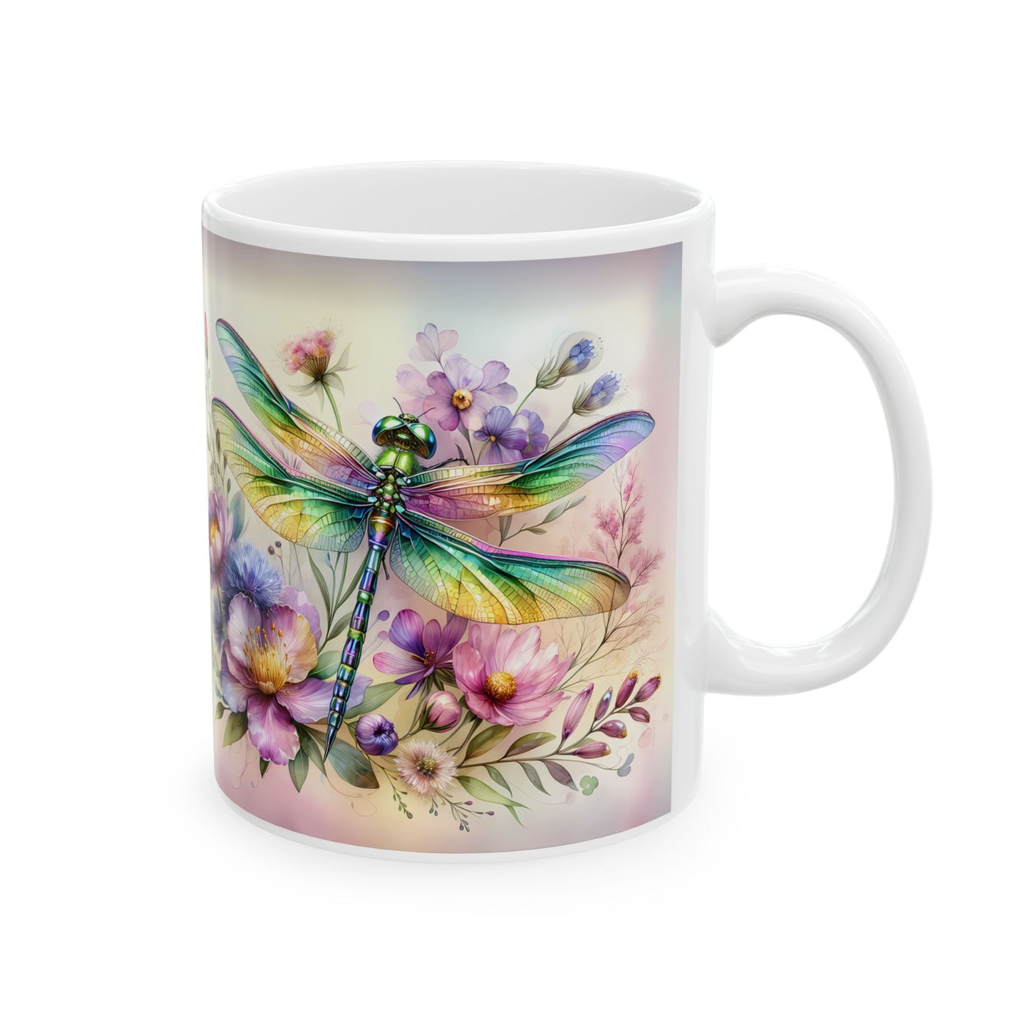 Libélula arcoíris y jardín de flores silvestres: envoltorio floral para tazas para amantes de la naturaleza ☕