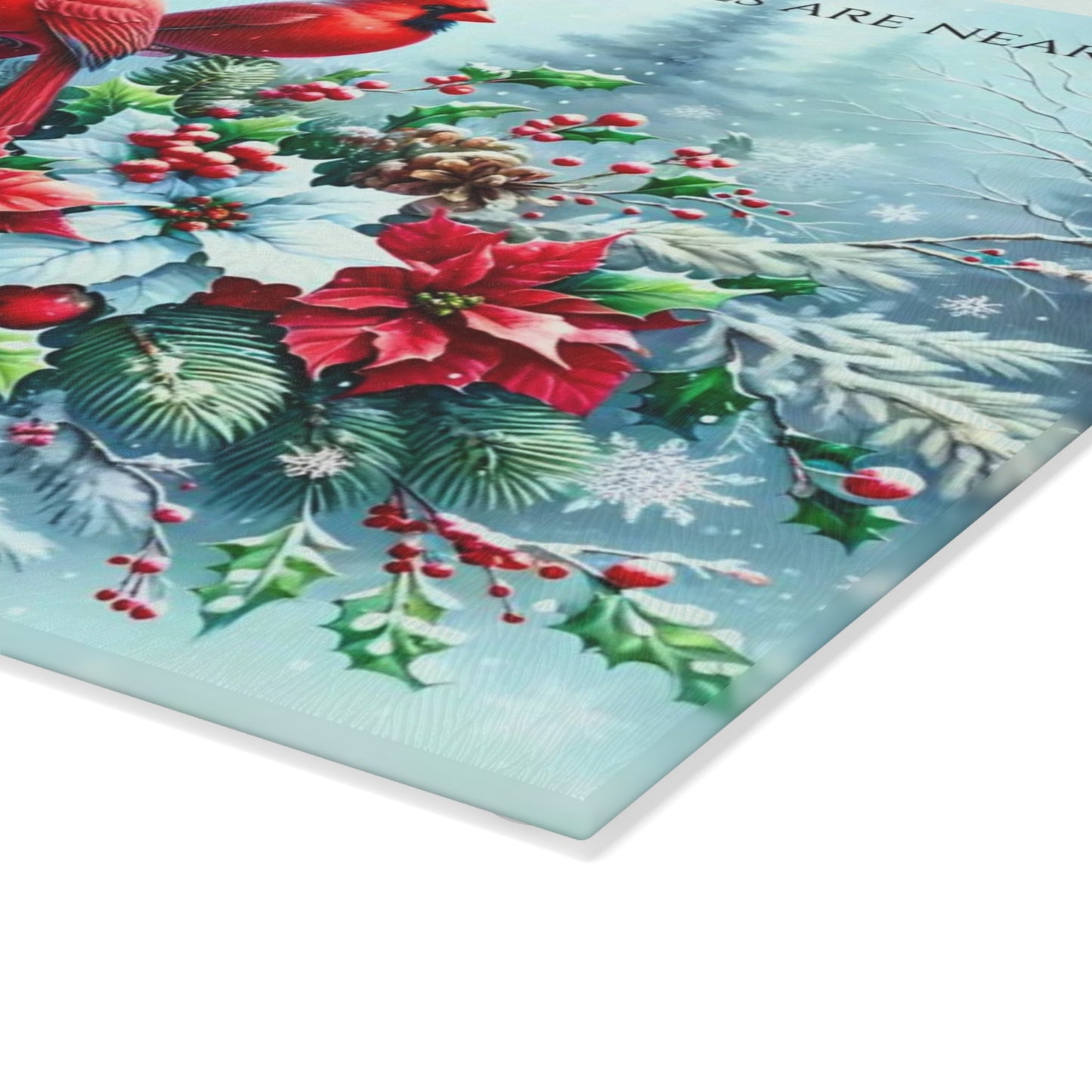 🐦❄️ “Cardinals & Angels” Glass Cutting Board – Cozy Winter Comfort for Your Kitchen