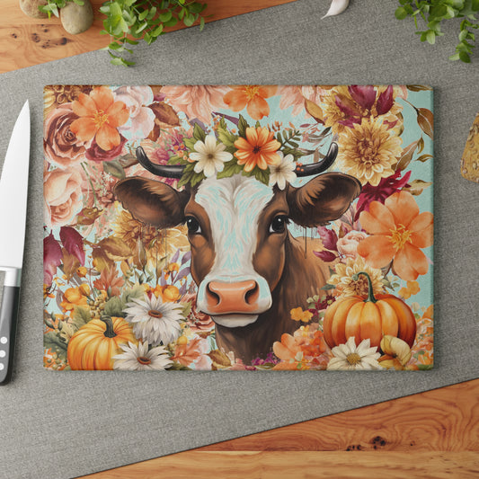 cow🐄🌸 Floral Cow with Pumpkins Cutting Board – Cozy Autumn Charm for Your Country Kitchen